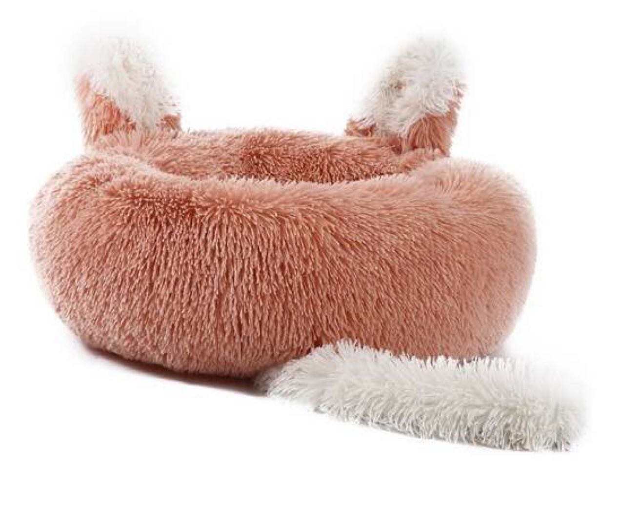 Calming Plush Donut Pet Bed with Ears & Tail – Cozy Faux Fur Nest for Cats & Small Dogs